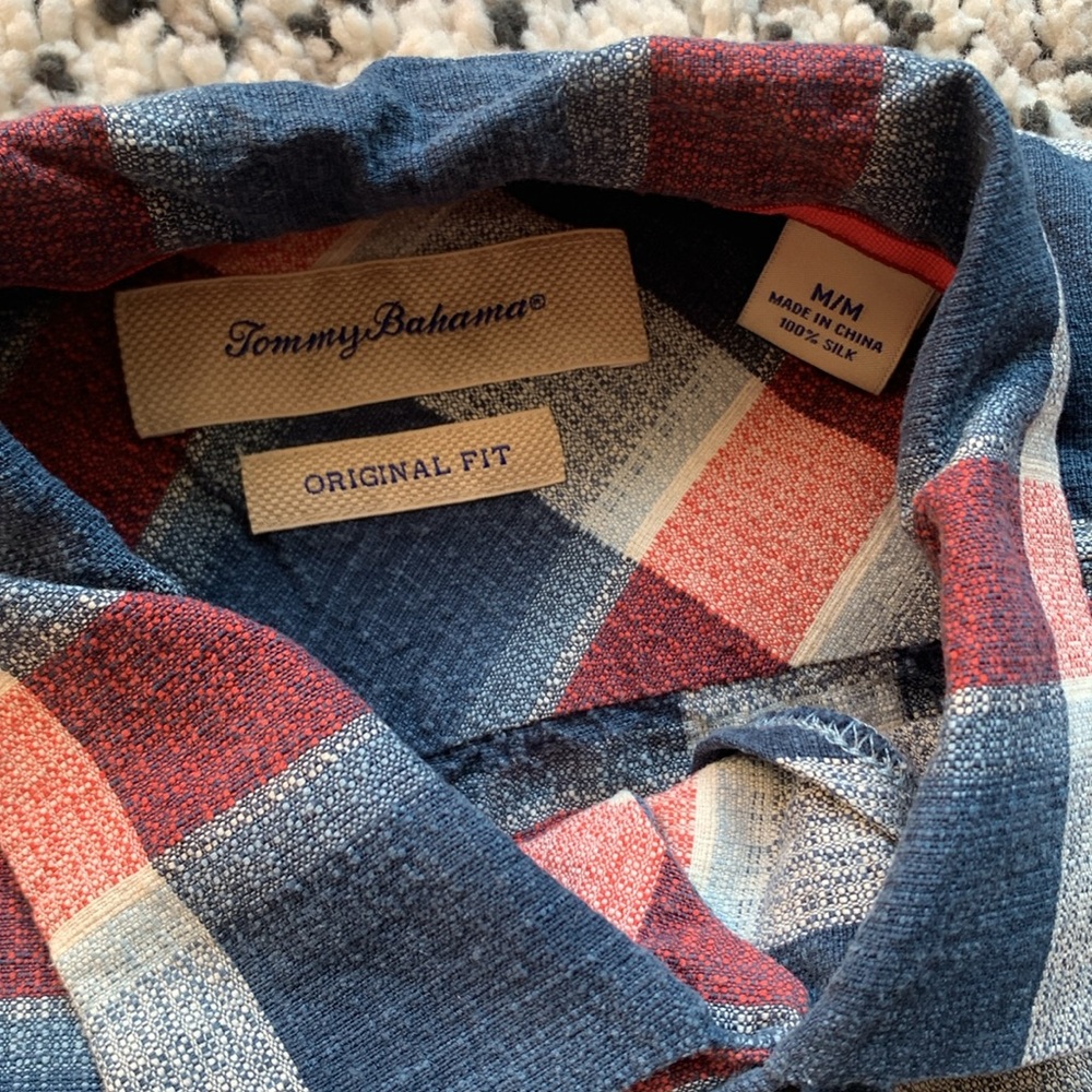 Tommy Bahama 100% Silk Shirt Blue Red Plaid Short Sleeve Button Up Men's Medium - Picture 10 of 15